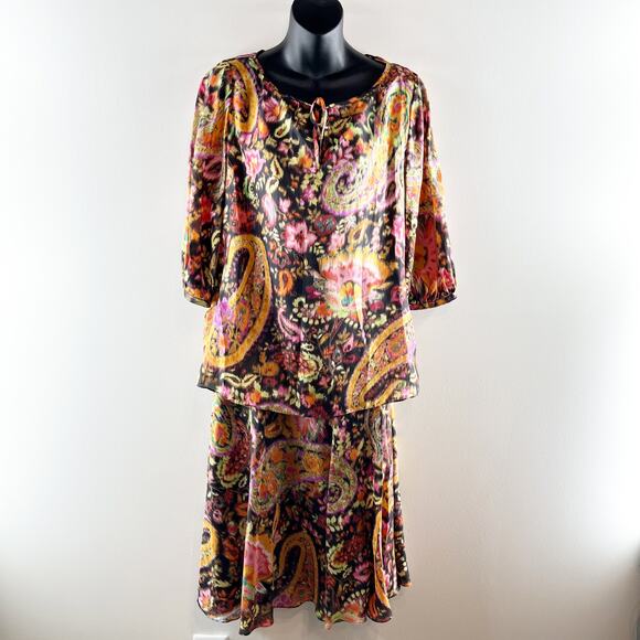 Ralph Lauren 100% Silk Paisley Matching Blouse and Midi Skirt Set Orange Small - Picture 5 of 13